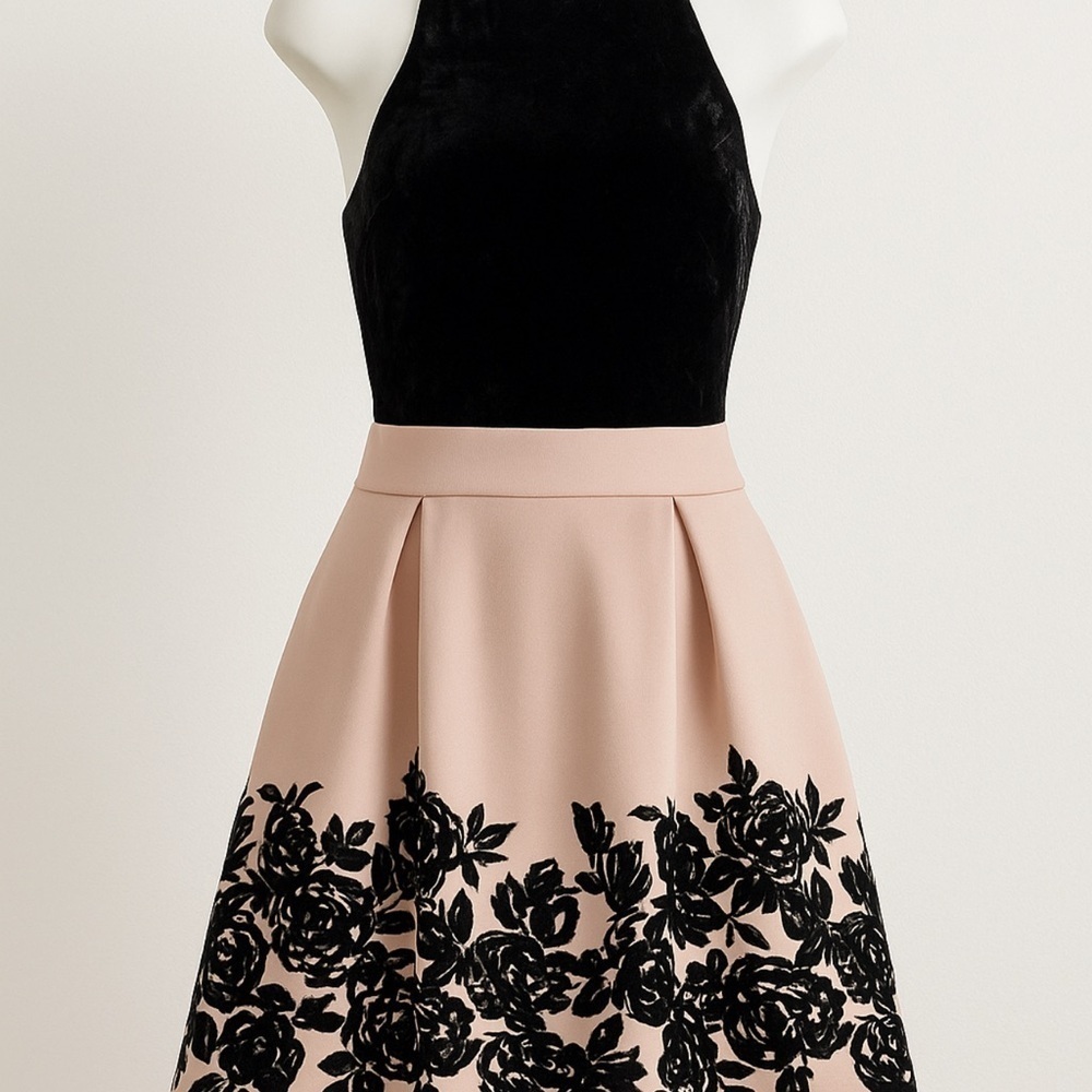 Velvety Y2K Trixxi Black Floral Fit & Flare Cocktail Dress S New Years Eve Party